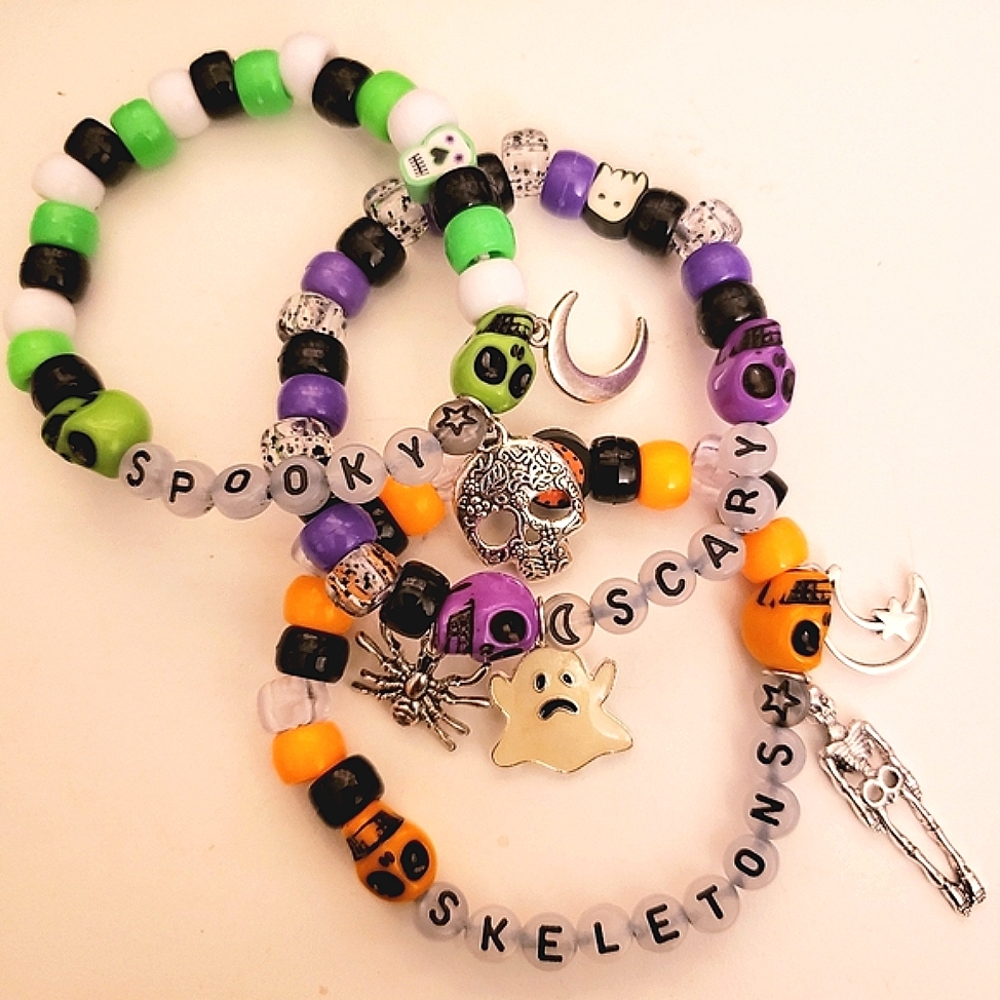 Handmade Beaded Glow Halloween Spooky Scary Skeletons Stackable Bracelets